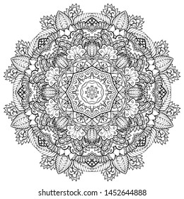 Seamless tracery tile mehndi design. Ethnic ornament, doodle symmetry texture. Folk traditional spiritual tribal design. Curved doodling motif. Binary monochrome black and white art. Vector