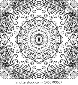 Seamless tracery tile mehndi design. Ethnic ornament, doodle symmetry texture. Folk traditional spiritual tribal design. Curved doodling motif. Binary monochrome black and white art. Vector