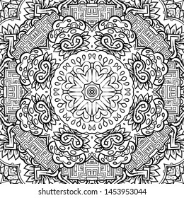 Seamless tracery tile mehndi design. Ethnic ornament, doodle symmetry texture. Folk traditional spiritual tribal design. Curved doodling motif. Binary monochrome black and white art. Vector