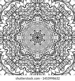 Seamless tracery tile mehndi design. Ethnic ornament, doodle symmetry texture. Folk traditional spiritual tribal design. Curved doodling motif. Binary monochrome black and white art. Vector