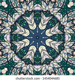 Seamless tracery tile mehndi design. Ethnic ornament, colorful doodle symmetry texture. Folk traditional spiritual tribal design. Curved doodling motif. Color art. Vector