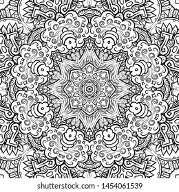 Seamless tracery tile mehndi design. Ethnic ornament, doodle symmetry texture. Folk traditional spiritual tribal design. Curved doodling motif. Binary monochrome black and white art. Vector