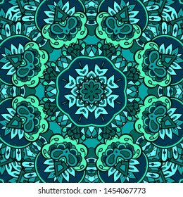 Seamless tracery tile mehndi design. Ethnic ornament, colorful doodle symmetry texture. Folk traditional spiritual tribal design. Curved doodling motif. Color art. Vector