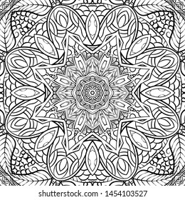 Seamless tracery tile mehndi design. Ethnic ornament, doodle symmetry texture. Folk traditional spiritual tribal design. Curved doodling motif. Binary monochrome black and white art. Vector