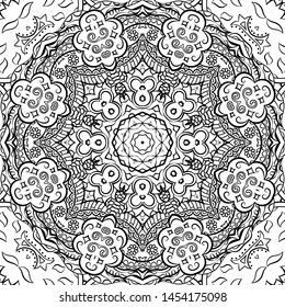 Seamless tracery tile mehndi design. Ethnic ornament, doodle symmetry texture. Folk traditional spiritual tribal design. Curved doodling motif. Binary monochrome black and white art. Vector