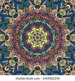 Seamless tracery tile mehndi design. Ethnic ornament, colorful doodle symmetry texture. Folk traditional spiritual tribal design. Curved doodling motif. Color art. Vector