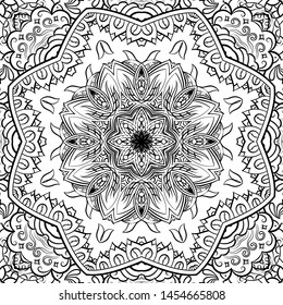 Seamless tracery tile mehndi design. Ethnic ornament, doodle symmetry texture. Folk traditional spiritual tribal design. Curved doodling motif. Binary monochrome black and white art. Vector