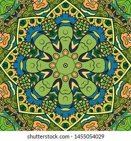 Seamless tracery tile mehndi design. Ethnic ornament, colorful doodle symmetry texture. Folk traditional spiritual tribal design. Curved doodling motif. Color art. Vector