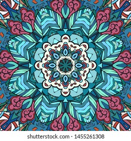 Seamless tracery tile mehndi design. Ethnic ornament, colorful doodle symmetry texture. Folk traditional spiritual tribal design. Curved doodling motif. Color art. Vector