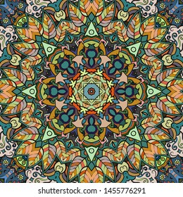 Seamless tracery tile mehndi design. Ethnic ornament, colorful doodle symmetry texture. Folk traditional spiritual tribal design. Curved doodling motif. Color art. Vector