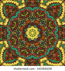 Seamless tracery tile mehndi design. Ethnic ornament, colorful doodle symmetry texture. Folk traditional spiritual tribal design. Curved doodling motif. Color art. Vector