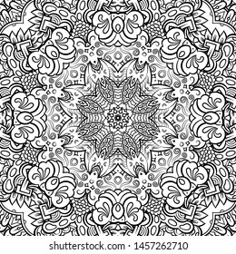 Seamless tracery tile mehndi design. Ethnic ornament, doodle symmetry texture. Folk traditional spiritual tribal design. Curved doodling motif. Binary monochrome black and white art. Vector