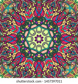 Seamless tracery tile mehndi design. Ethnic ornament, colorful doodle symmetry texture. Folk traditional spiritual tribal design. Curved doodling motif. Color art. Vector