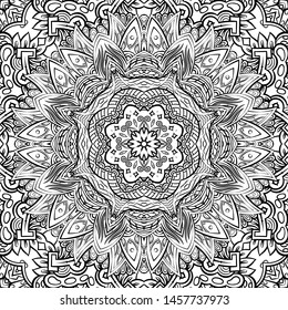 Seamless tracery tile mehndi design. Ethnic ornament, doodle symmetry texture. Folk traditional spiritual tribal design. Curved doodling motif. Binary monochrome black and white art. Vector