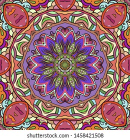 Seamless tracery tile mehndi design. Ethnic ornament, colorful doodle symmetry texture. Folk traditional spiritual tribal design. Curved doodling motif. Color art. Vector