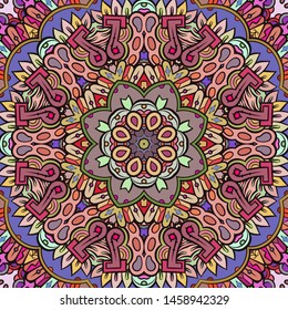 Seamless tracery tile mehndi design. Ethnic ornament, colorful doodle symmetry texture. Folk traditional spiritual tribal design. Curved doodling motif. Color art. Vector