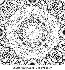 Seamless tracery tile mehndi design. Ethnic ornament, doodle symmetry texture. Folk traditional spiritual tribal design. Curved doodling motif. Binary monochrome black and white art. Vector