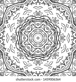 Seamless tracery tile mehndi design. Ethnic ornament, doodle symmetry texture. Folk traditional spiritual tribal design. Curved doodling motif. Binary monochrome black and white art. Vector