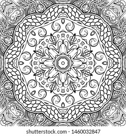 Seamless tracery tile mehndi design. Ethnic ornament, doodle symmetry texture. Folk traditional spiritual tribal design. Curved doodling motif. Binary monochrome black and white art. Vector
