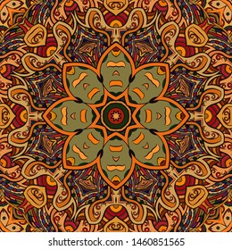 Seamless tracery tile mehndi design. Ethnic ornament, colorful doodle symmetry texture. Folk traditional spiritual tribal design. Curved doodling motif. Color art. Vector