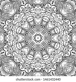Seamless tracery tile mehndi design. Ethnic ornament, doodle symmetry texture. Folk traditional spiritual tribal design. Curved doodling motif. Binary monochrome black and white art. Vector