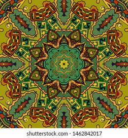 Seamless tracery tile mehndi design. Ethnic ornament, colorful doodle symmetry texture. Folk traditional spiritual tribal design. Curved doodling motif. Color art. Vector
