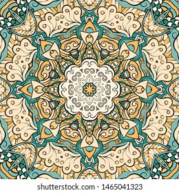 Seamless tracery tile mehndi design. Ethnic ornament, colorful doodle symmetry texture. Folk traditional spiritual tribal design. Curved doodling motif. Color art. Vector