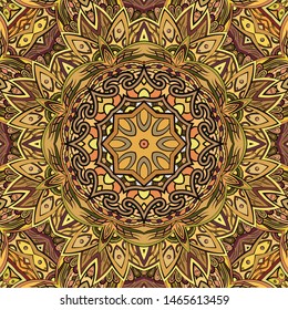 Seamless tracery tile mehndi design. Ethnic ornament, colorful doodle symmetry texture. Folk traditional spiritual tribal design. Curved doodling motif. Color art. Vector