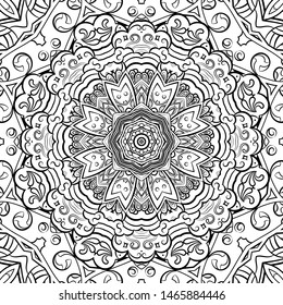 Seamless tracery tile mehndi design. Ethnic ornament, doodle symmetry texture. Folk traditional spiritual tribal design. Curved doodling motif. Binary monochrome black and white art. Vector