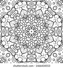 Seamless tracery tile mehndi design. Ethnic ornament, doodle symmetry texture. Folk traditional spiritual tribal design. Curved doodling motif. Binary monochrome black and white art. Vector