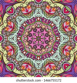 Seamless tracery tile mehndi design. Ethnic ornament, colorful doodle symmetry texture. Folk traditional spiritual tribal design. Curved doodling motif. Color art. Vector