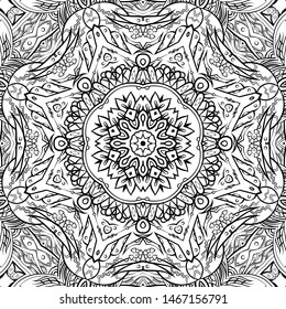 Seamless tracery tile mehndi design. Ethnic ornament, doodle symmetry texture. Folk traditional spiritual tribal design. Curved doodling motif. Binary monochrome black and white art. Vector