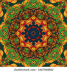 Seamless tracery tile mehndi design. Ethnic ornament, colorful doodle symmetry texture. Folk traditional spiritual tribal design. Curved doodling motif. Color art. Vector