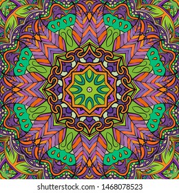 Seamless tracery tile mehndi design. Ethnic ornament, colorful doodle symmetry texture. Folk traditional spiritual tribal design. Curved doodling motif. Color art. Vector