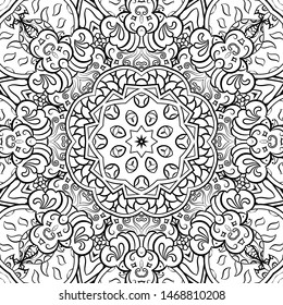Seamless tracery tile mehndi design. Ethnic ornament, doodle symmetry texture. Folk traditional spiritual tribal design. Curved doodling motif. Binary monochrome black and white art. Vector