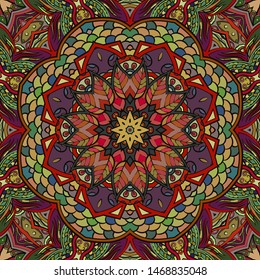 Seamless tracery tile mehndi design. Ethnic ornament, colorful doodle symmetry texture. Folk traditional spiritual tribal design. Curved doodling motif. Color art. Vector
