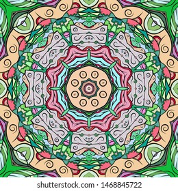 Seamless tracery tile mehndi design. Ethnic ornament, colorful doodle symmetry texture. Folk traditional spiritual tribal design. Curved doodling motif. Color art. Vector