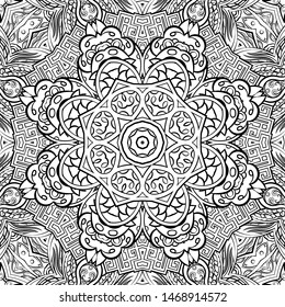 Seamless tracery tile mehndi design. Ethnic ornament, doodle symmetry texture. Folk traditional spiritual tribal design. Curved doodling motif. Binary monochrome black and white art. Vector