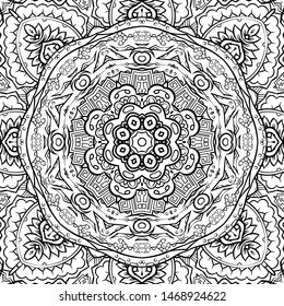 Seamless tracery tile mehndi design. Ethnic ornament, doodle symmetry texture. Folk traditional spiritual tribal design. Curved doodling motif. Binary monochrome black and white art. Vector