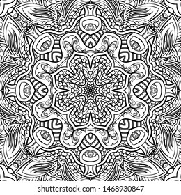 Seamless tracery tile mehndi design. Ethnic ornament, doodle symmetry texture. Folk traditional spiritual tribal design. Curved doodling motif. Binary monochrome black and white art. Vector