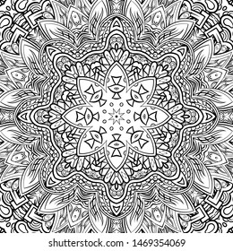 Seamless tracery tile mehndi design. Ethnic ornament, doodle symmetry texture. Folk traditional spiritual tribal design. Curved doodling motif. Binary monochrome black and white art. Vector