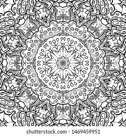 Seamless tracery tile mehndi design. Ethnic ornament, doodle symmetry texture. Folk traditional spiritual tribal design. Curved doodling motif. Binary monochrome black and white art. Vector