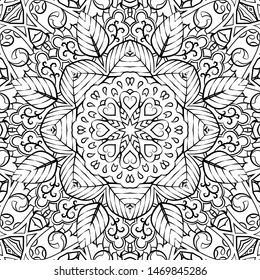 Seamless tracery tile mehndi design. Ethnic ornament, doodle symmetry texture. Folk traditional spiritual tribal design. Curved doodling motif. Binary monochrome black and white art. Vector