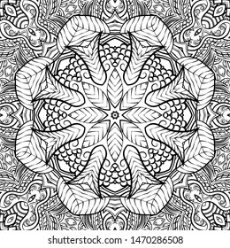 Seamless tracery tile mehndi design. Ethnic ornament, doodle symmetry texture. Folk traditional spiritual tribal design. Curved doodling motif. Binary monochrome black and white art. Vector