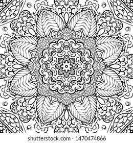 Seamless tracery tile mehndi design. Ethnic ornament, doodle symmetry texture. Folk traditional spiritual tribal design. Curved doodling motif. Binary monochrome black and white art. Vector