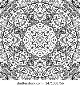 Seamless tracery tile mehndi design. Ethnic ornament, doodle symmetry texture. Folk traditional spiritual tribal design. Curved doodling motif. Binary monochrome black and white art. Vector