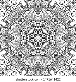 Seamless tracery tile mehndi design. Ethnic ornament, doodle symmetry texture. Folk traditional spiritual tribal design. Curved doodling motif. Binary monochrome black and white art. Vector