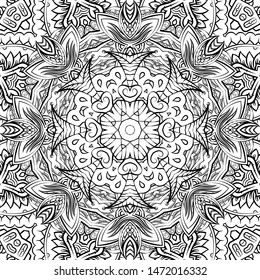Seamless tracery tile mehndi design. Ethnic ornament, doodle symmetry texture. Folk traditional spiritual tribal design. Curved doodling motif. Binary monochrome black and white art. Vector