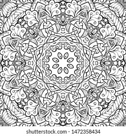 Seamless tracery tile mehndi design. Ethnic ornament, doodle symmetry texture. Folk traditional spiritual tribal design. Curved doodling motif. Binary monochrome black and white art. Vector