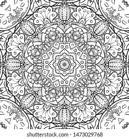 Seamless tracery tile mehndi design. Ethnic ornament, doodle symmetry texture. Folk traditional spiritual tribal design. Curved doodling motif. Binary monochrome black and white art. Vector